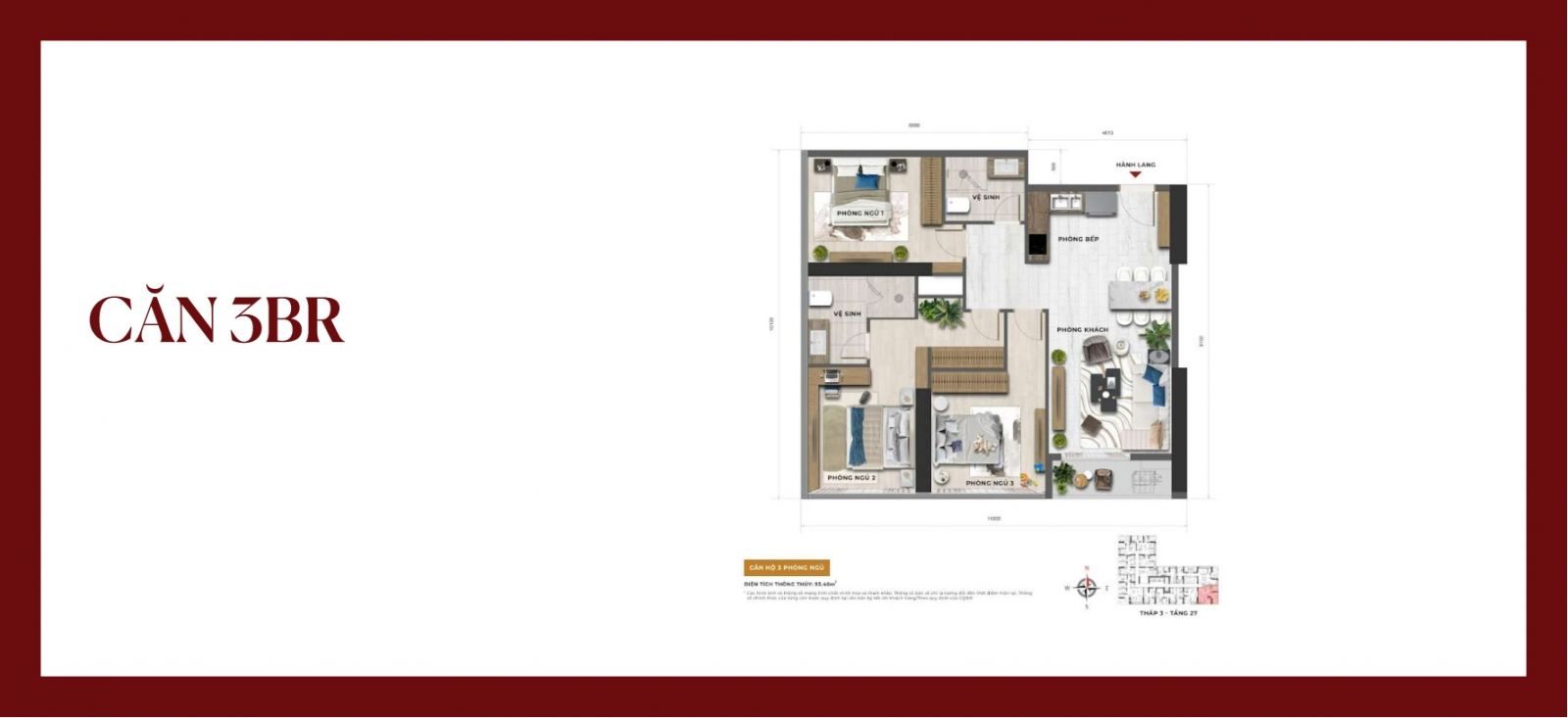 thiết kế căn hộ 3PN Sun Feliza Suites Xuân Thủy